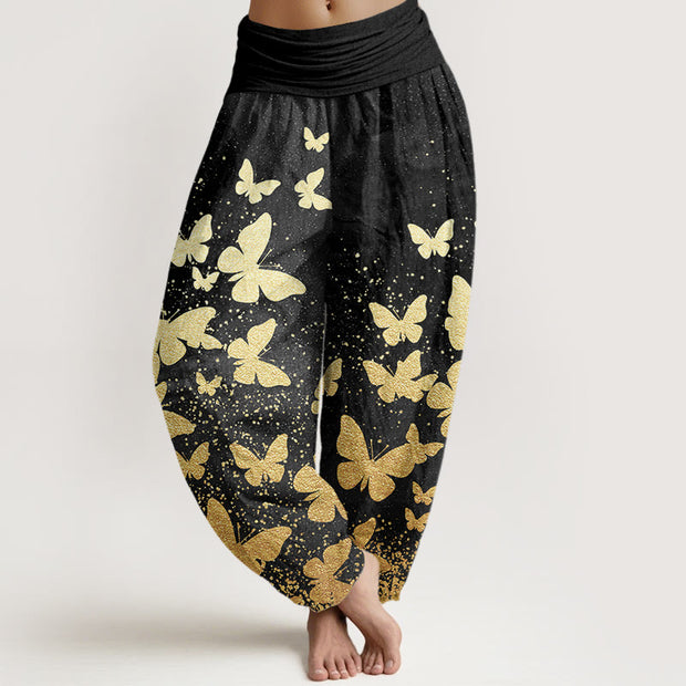 Buddha Stones Casual Golden Butterfly Pattern Women's Elastic Waist Harem Pants - Black - US22，UK/AU26，EU54 (6XL) - image 8