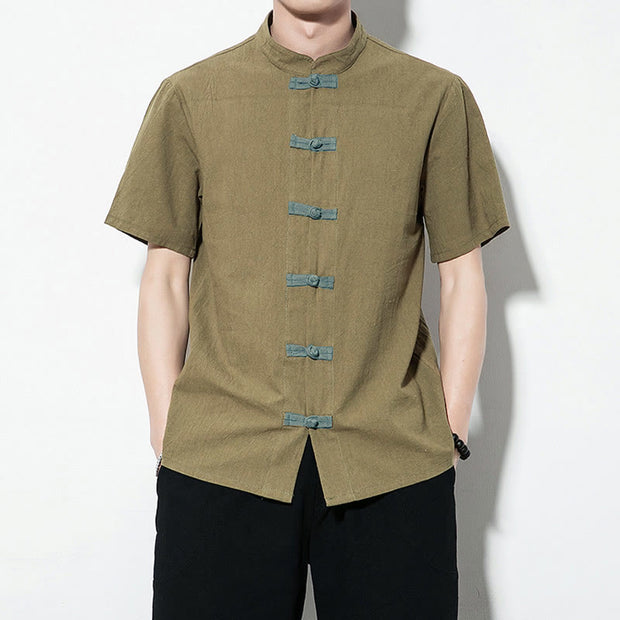 Buddha Stones Casual Solid Color Front Frog Buttons Chinese Tang Suit Short Sleeve Linen Men's Shirt