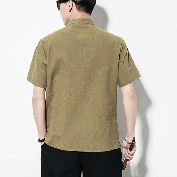 Buddha Stones Casual Solid Color Front Frog Buttons Chinese Tang Suit Short Sleeve Linen Men's Shirt