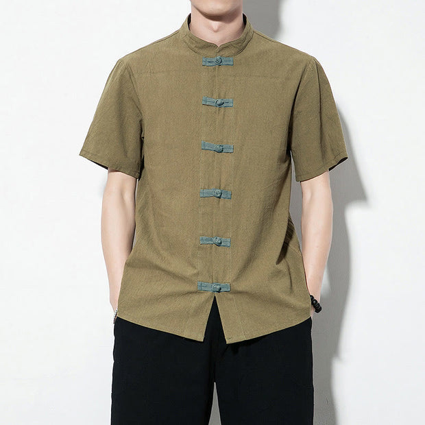 Buddha Stones Casual Solid Color Front Frog Buttons Chinese Tang Suit Short Sleeve Linen Men's Shirt