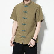 Buddha Stones Casual Solid Color Front Frog Buttons Chinese Tang Suit Short Sleeve Linen Men's Shirt
