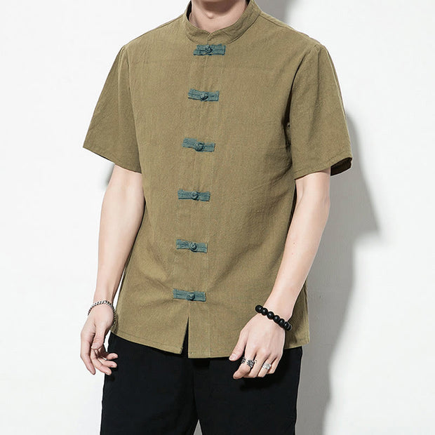 Buddha Stones Casual Solid Color Front Frog Buttons Chinese Tang Suit Short Sleeve Linen Men's Shirt