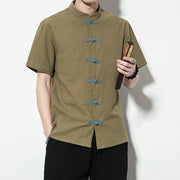 Buddha Stones Casual Solid Color Front Frog Buttons Chinese Tang Suit Short Sleeve Linen Men's Shirt