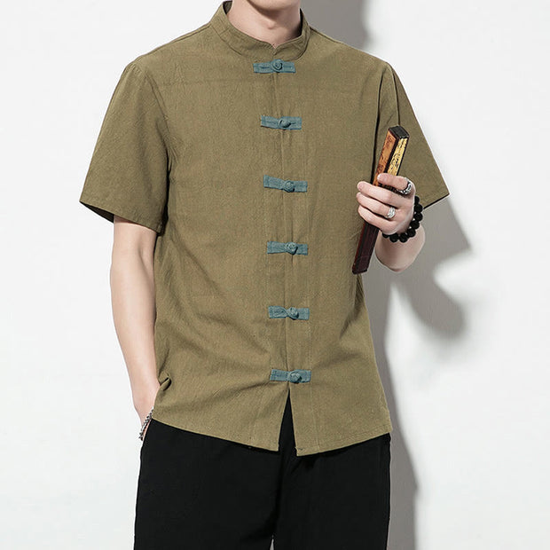 Buddha Stones Casual Solid Color Front Frog Buttons Chinese Tang Suit Short Sleeve Linen Men's Shirt