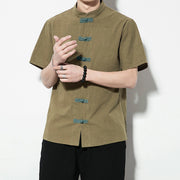 Buddha Stones Casual Solid Color Front Frog Buttons Chinese Tang Suit Short Sleeve Linen Men's Shirt