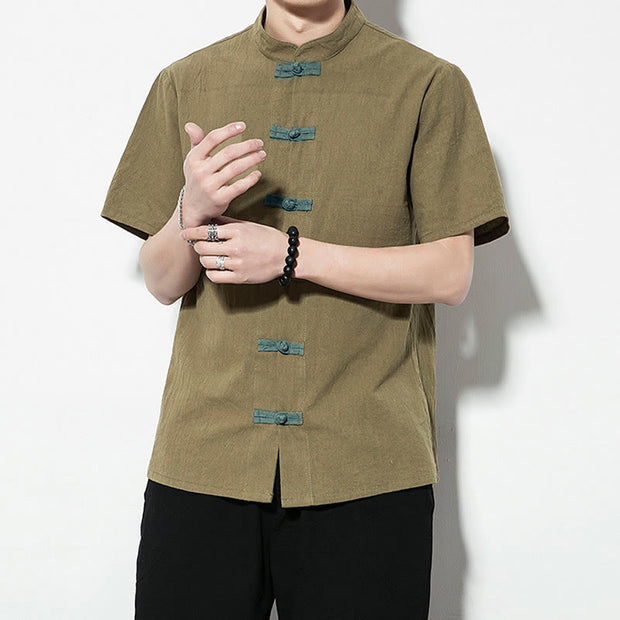 Buddha Stones Casual Solid Color Front Frog Buttons Chinese Tang Suit Short Sleeve Linen Men's Shirt