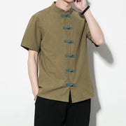Buddha Stones Casual Solid Color Front Frog Buttons Chinese Tang Suit Short Sleeve Linen Men's Shirt