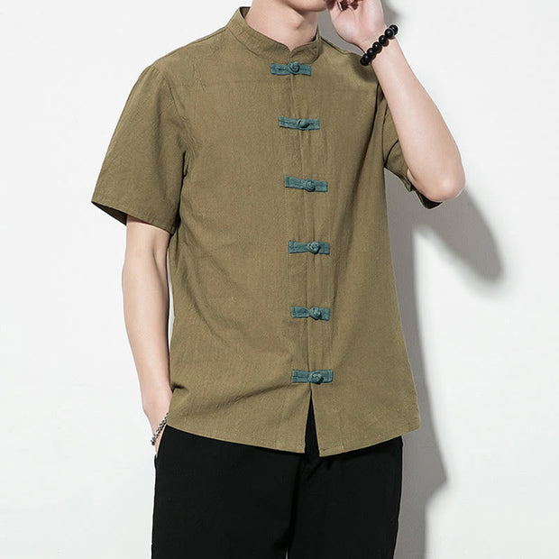 Buddha Stones Casual Solid Color Front Frog Buttons Chinese Tang Suit Short Sleeve Linen Men's Shirt