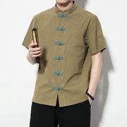 Buddha Stones Casual Solid Color Front Frog Buttons Chinese Tang Suit Short Sleeve Linen Men's Shirt