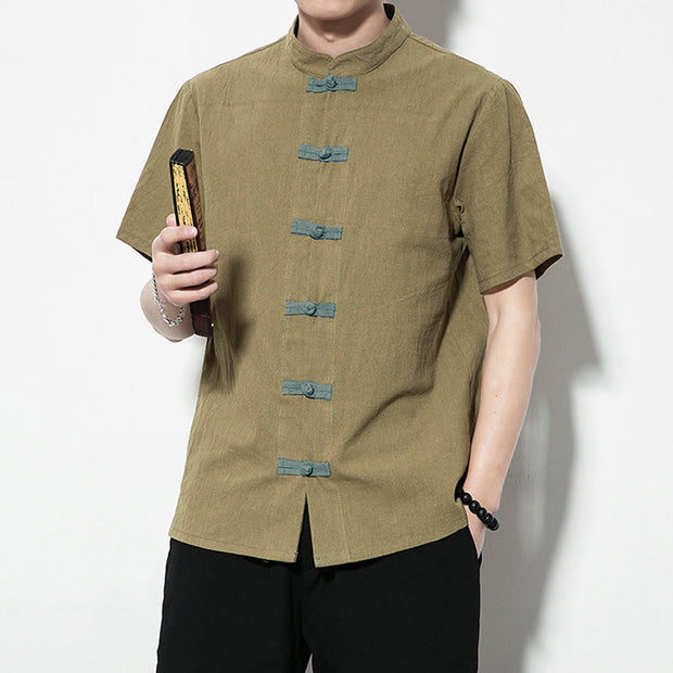 Buddha Stones Casual Solid Color Front Frog Buttons Chinese Tang Suit Short Sleeve Linen Men's Shirt