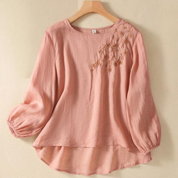 Buddha Stones Casual Embroidery Flower Branches Women's Crew Neck Design Long Sleeve Cotton T-shirt
