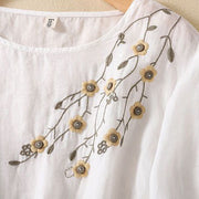 Buddha Stones Casual Embroidery Flower Branches Women's Crew Neck Design Long Sleeve Cotton T-shirt