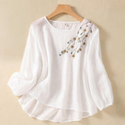 Buddha Stones Casual Embroidery Flower Branches Women's Crew Neck Design Long Sleeve Cotton T-shirt