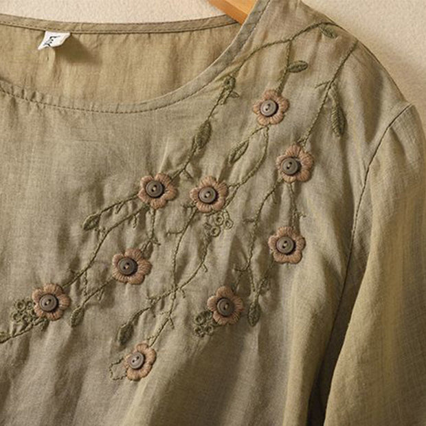 Buddha Stones Casual Embroidery Flower Branches Women's Crew Neck Design Long Sleeve Cotton T-shirt
