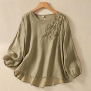 Buddha Stones Casual Embroidery Flower Branches Women's Crew Neck Design Long Sleeve Cotton T-shirt