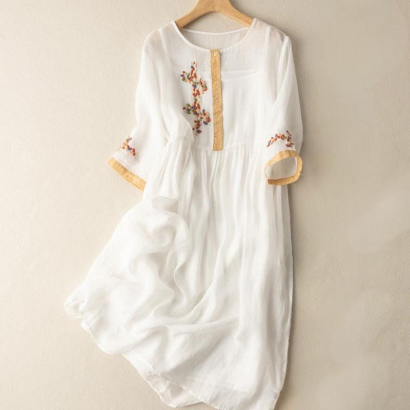 Buddha Stones Spring Ethnic Embroidery Half Sleeve Women's Midi Dress, White / US4,UK/AU8,EU36 (L) Buddha Stones Spring Ethnic Embroidery Half Sleeve Women's Midi Dress, White / US4,UK/AU8,EU36 (L)