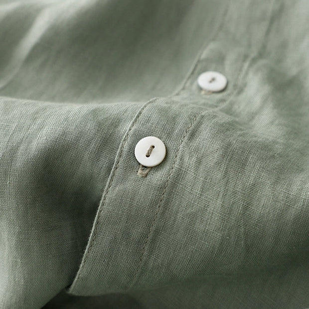 Buddha Stones Casual Plain Button Crew Ruffle Neck Short Sleeve Cotton Linen Women's Midi Dress - image 3