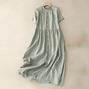 Buddha Stones Casual Plain Button Crew Ruffle Neck Short Sleeve Cotton Linen Women's Midi Dress - LightGreen - US14，UK/AU18，EU46 (2XL) - image 0