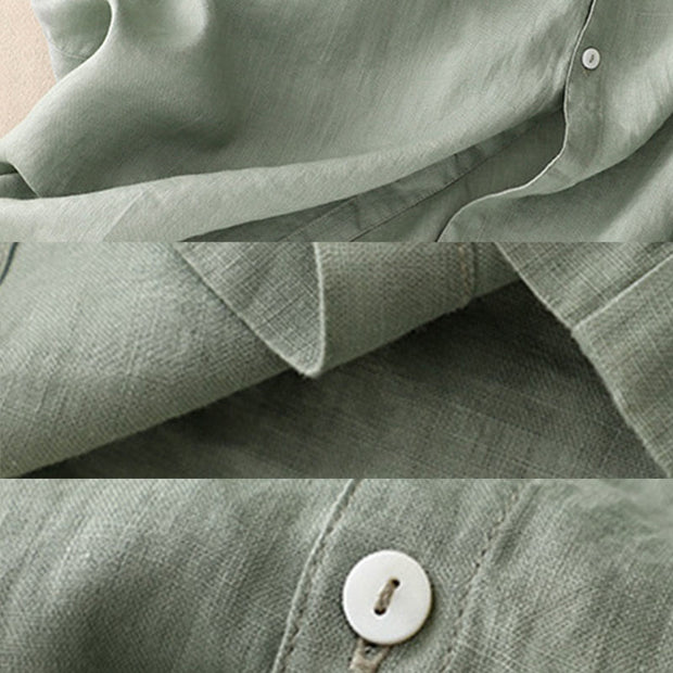 Buddha Stones Casual Plain Button Crew Ruffle Neck Short Sleeve Cotton Linen Women's Midi Dress - image 9