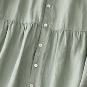 Buddha Stones Casual Plain Button Crew Ruffle Neck Short Sleeve Cotton Linen Women's Midi Dress - image 5