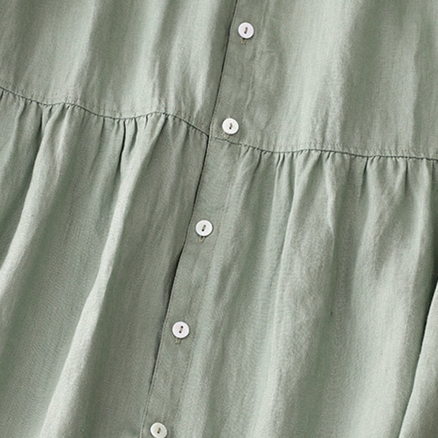 Buddha Stones Casual Plain Button Crew Ruffle Neck Short Sleeve Cotton Linen Women's Midi Dress - image 5