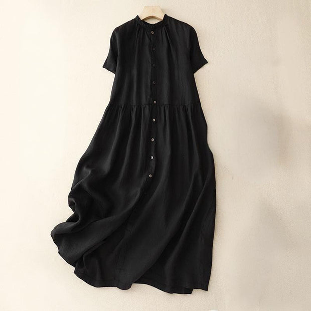 Buddha Stones Casual Plain Button Crew Ruffle Neck Short Sleeve Cotton Linen Women's Midi Dress - Black - US14，UK/AU18，EU46 (2XL) - image 10