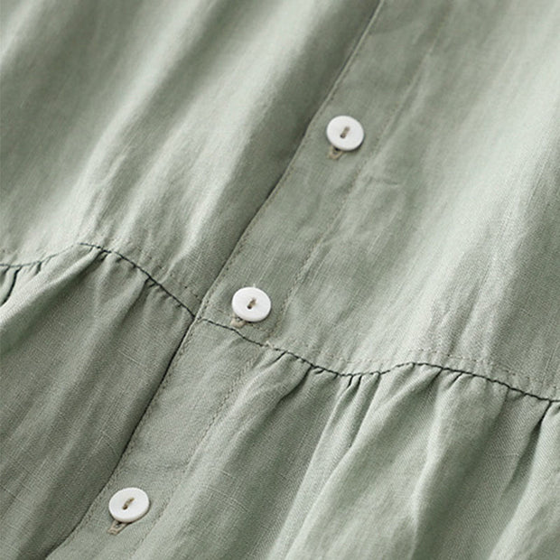 Buddha Stones Casual Plain Button Crew Ruffle Neck Short Sleeve Cotton Linen Women's Midi Dress - image 4