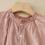 Buddha Stones Casual Plain Button Crew Ruffle Neck Short Sleeve Cotton Linen Women's Midi Dress - image 15