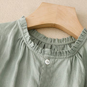 Buddha Stones Casual Plain Button Crew Ruffle Neck Short Sleeve Cotton Linen Women's Midi Dress - image 2