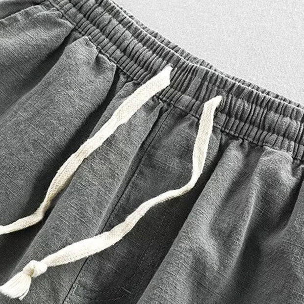 Buddha Stones Drawstring Elastic Waist Cotton Linen Men's Shorts With Pockets