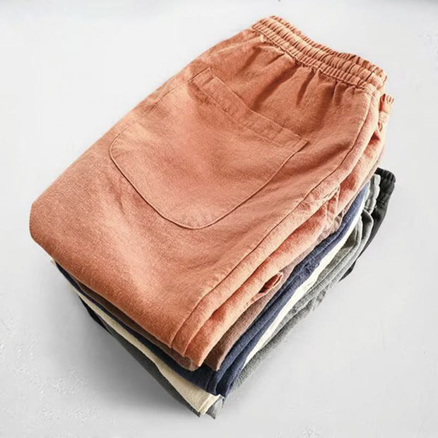 Buddha Stones Drawstring Elastic Waist Cotton Linen Men's Shorts With Pockets