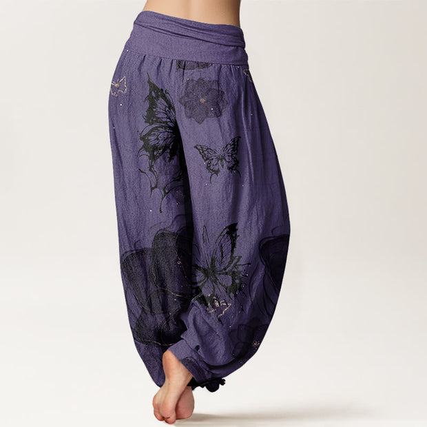 Buddha Stones Butterfly Flowers Pattern Women's Elastic Waist Harem Pants - image 2