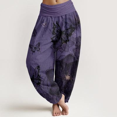 Buddha Stones Butterfly Flowers Pattern Women's Elastic Waist Harem Pants - DarkViolet - US22，UK/AU26，EU54 (6XL) - image 1