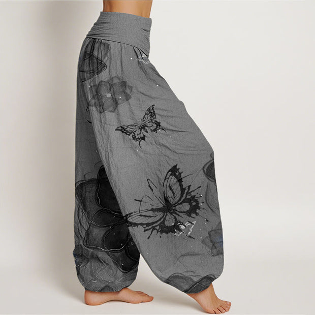Buddha Stones Butterfly Flowers Pattern Women's Elastic Waist Harem Pants - image 7