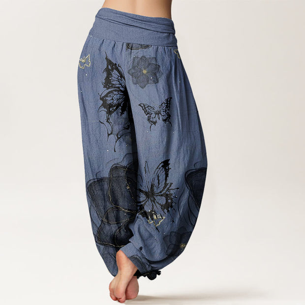 Buddha Stones Butterfly Flowers Pattern Women's Elastic Waist Harem Pants - image 9