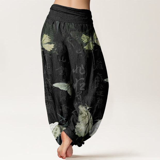 Buddha Stones Butterfly Bamboo Leaves Chinese Characters Pattern Women's Elastic Waist Harem Pants - image 2