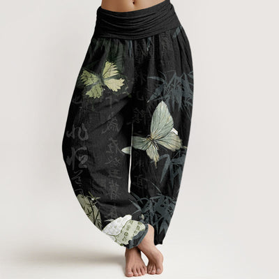 Buddha Stones Butterfly Bamboo Leaves Chinese Characters Pattern Women's Elastic Waist Harem Pants - Black - US22，UK/AU26，EU54 (6XL) - image 1