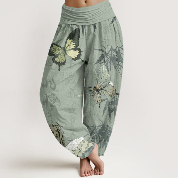 Buddha Stones Butterfly Bamboo Leaves Chinese Characters Pattern Women's Elastic Waist Harem Pants - DarkSeaGreen - US22，UK/AU26，EU54 (6XL) - image 5