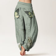 Buddha Stones Butterfly Bamboo Leaves Chinese Characters Pattern Women's Elastic Waist Harem Pants - image 6