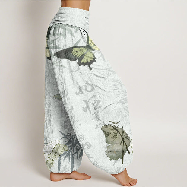 Buddha Stones Butterfly Bamboo Leaves Chinese Characters Pattern Women's Elastic Waist Harem Pants - image 10
