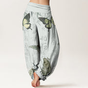 Buddha Stones Butterfly Bamboo Leaves Chinese Characters Pattern Women's Elastic Waist Harem Pants - image 9