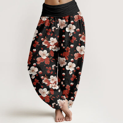 Buddha Stones Pink Red Peach Blossoms Design Women's Elastic Waist Harem Pants - Black - US22，UK/AU26，EU54 (6XL) - image 1