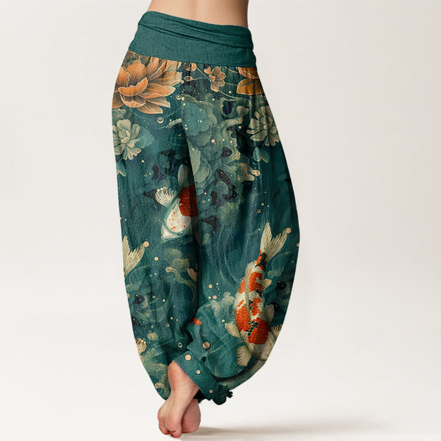 Buddha Stones Colorful Koi Fish Lotus Flowers Design Women's Elastic Waist Harem Pants - image 2