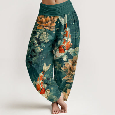 Buddha Stones Colorful Koi Fish Lotus Flowers Design Women's Elastic Waist Harem Pants - LightSeaGreen - US22，UK/AU26，EU54 (6XL) - image 1