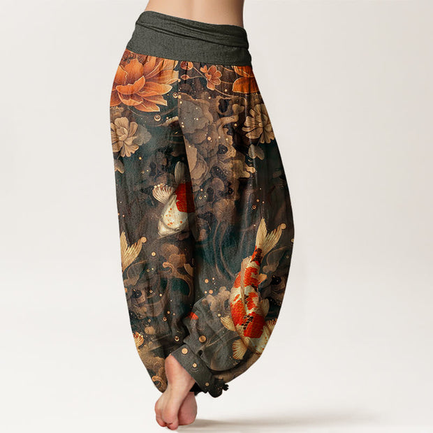 Buddha Stones Colorful Koi Fish Lotus Flowers Design Women's Elastic Waist Harem Pants - image 6