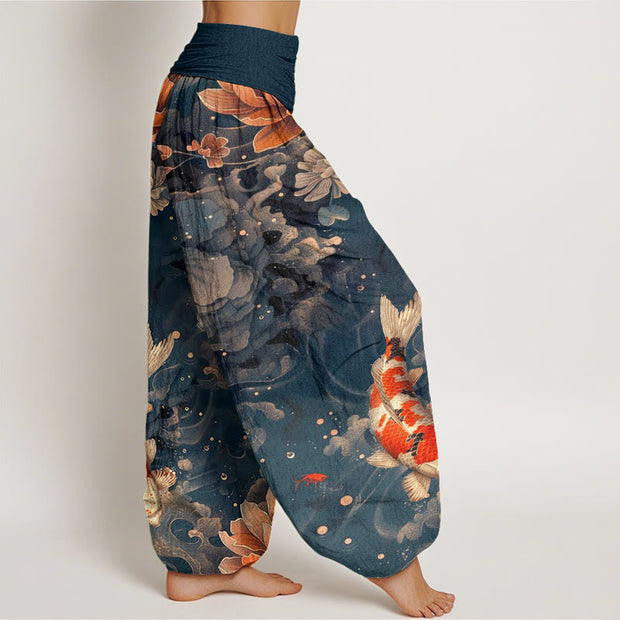 Buddha Stones Colorful Koi Fish Lotus Flowers Design Women's Elastic Waist Harem Pants - image 10