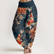 Buddha Stones Colorful Koi Fish Lotus Flowers Design Women's Elastic Waist Harem Pants - SteelBlue - US22，UK/AU26，EU54 (6XL) - image 8