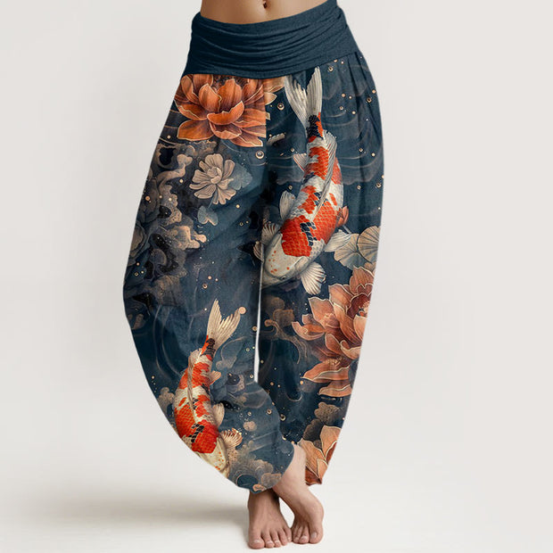 Buddha Stones Colorful Koi Fish Lotus Flowers Design Women's Elastic Waist Harem Pants - SteelBlue - US22，UK/AU26，EU54 (6XL) - image 8