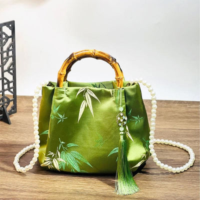 Buddha Stones Embroidery Leaves Bamboo Handle Pearl Crossbody Bag Hangbags