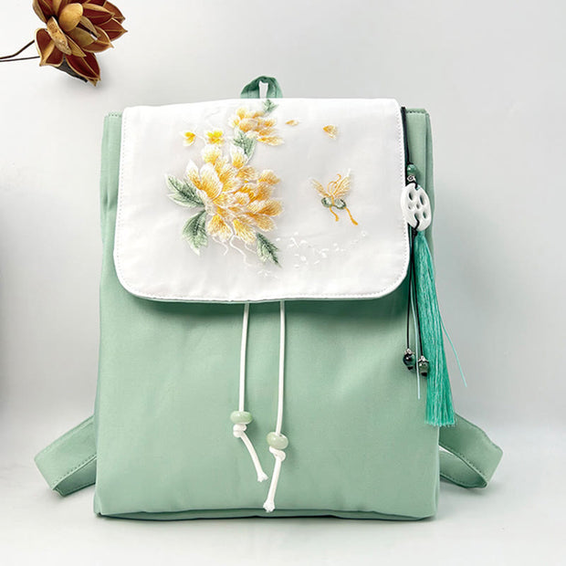 Buddha Stones Handmade Green Peony Flowers Embroidered Large Capacity Canvas Backpack